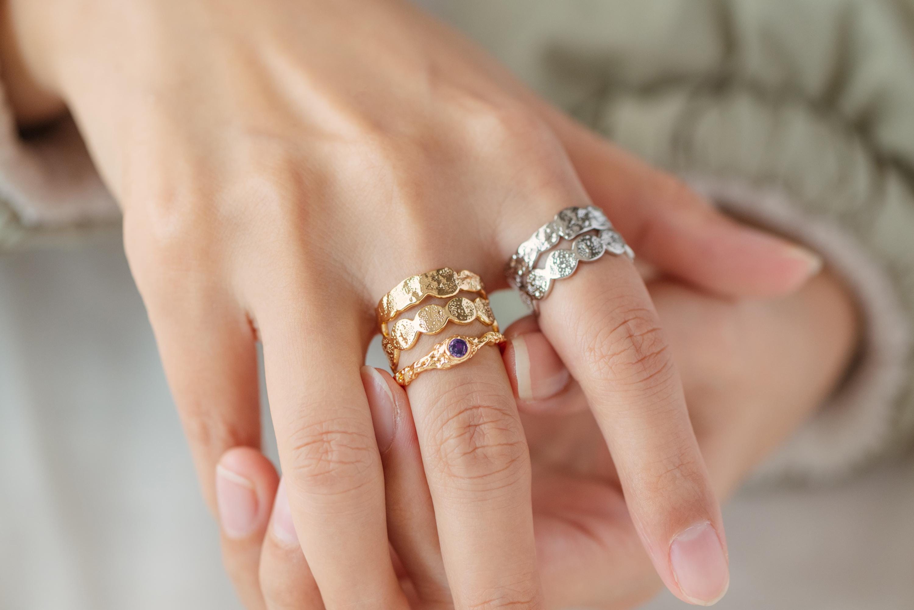 4pcs Purple CZ Ring, Hammered Ring, Stacking Ring, Statement Ring, Adjustable Ring (#GB-3527)